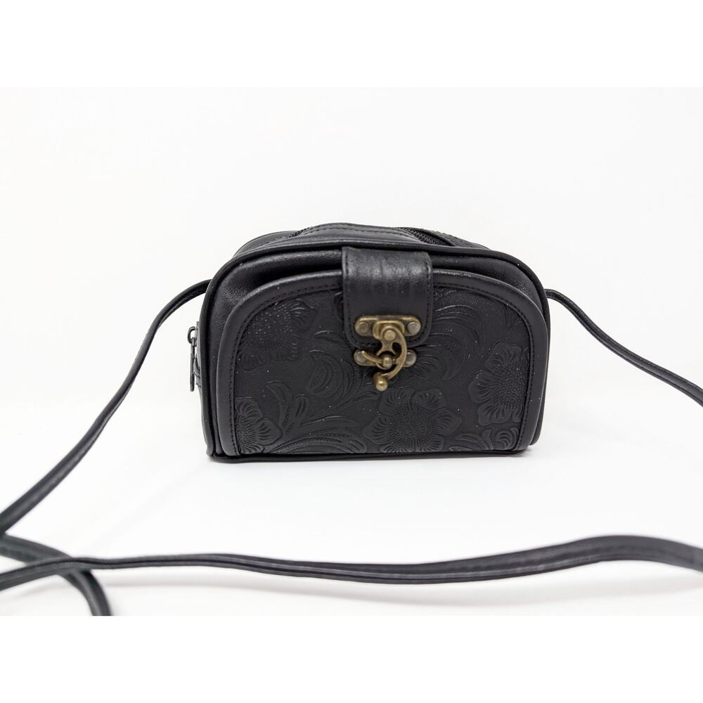 Vintage 90s Mini Purse Black Crossbody Floral Tooled Faux Leather - Picture 2 of 10